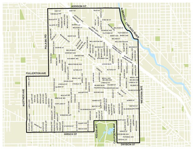 Map of the Predominance of the Block District boundary on the Northwest Side, running roughly from Addison Street south to Division Street and from Kostner Avenue and Pulaski Road east to Western Avenue and the North Branch of the Chicago River, with a southern extension along Kedzie and California Avenues to Hirsch Street.