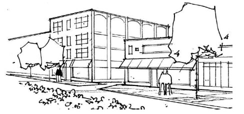 The same street corner treated as the standard intends: the building's visible side wall carries the windows, cornice line and storefront detailing of the primary street-facing facade around the corner.